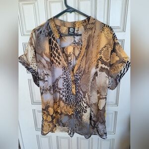 Bobeau Blouse SzXL Button Front Short Sleeve V Neck Leopard Sheer Polyester Cute